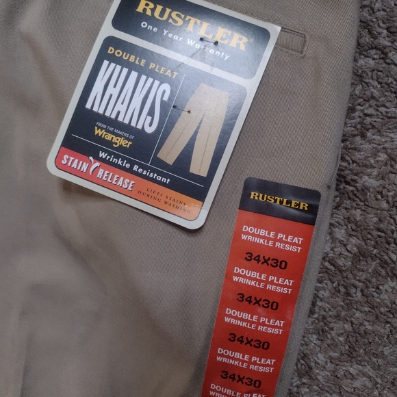 Rustler Men's Khaki Double Pleat Wrinkle-Resist Straight Pants 34x30 A24 - Picture 4 of 4